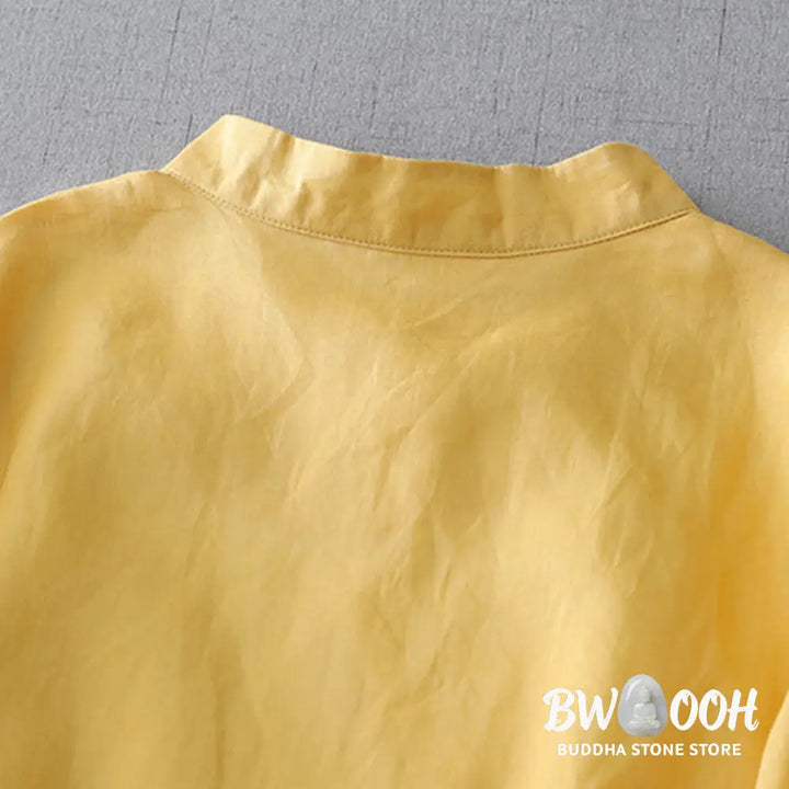 Buddha Stones Solid Color Frog-Button Three Quarter Sleeve Double Layer Cotton Linen Shirt - Women’s Shirts