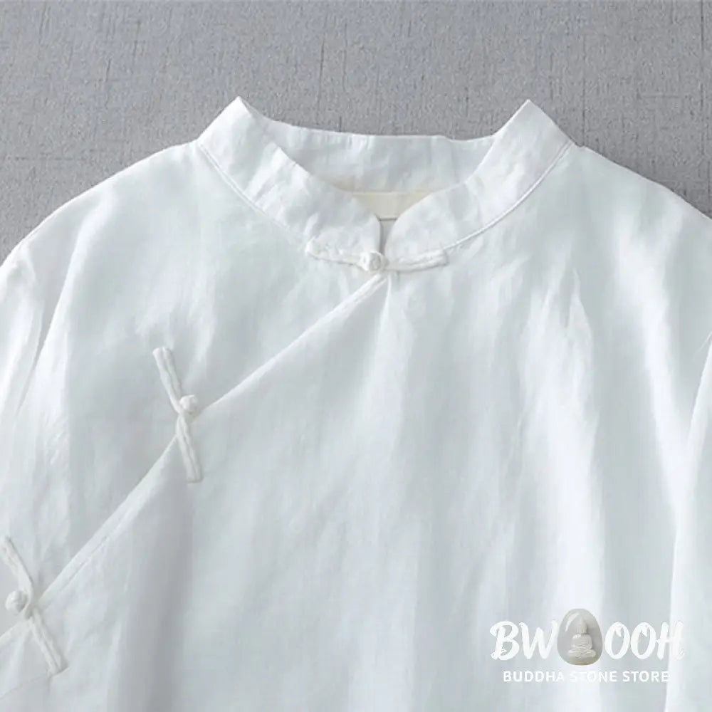 Buddha Stones Solid Color Frog-Button Three Quarter Sleeve Double Layer Cotton Linen Shirt - Women’s Shirts