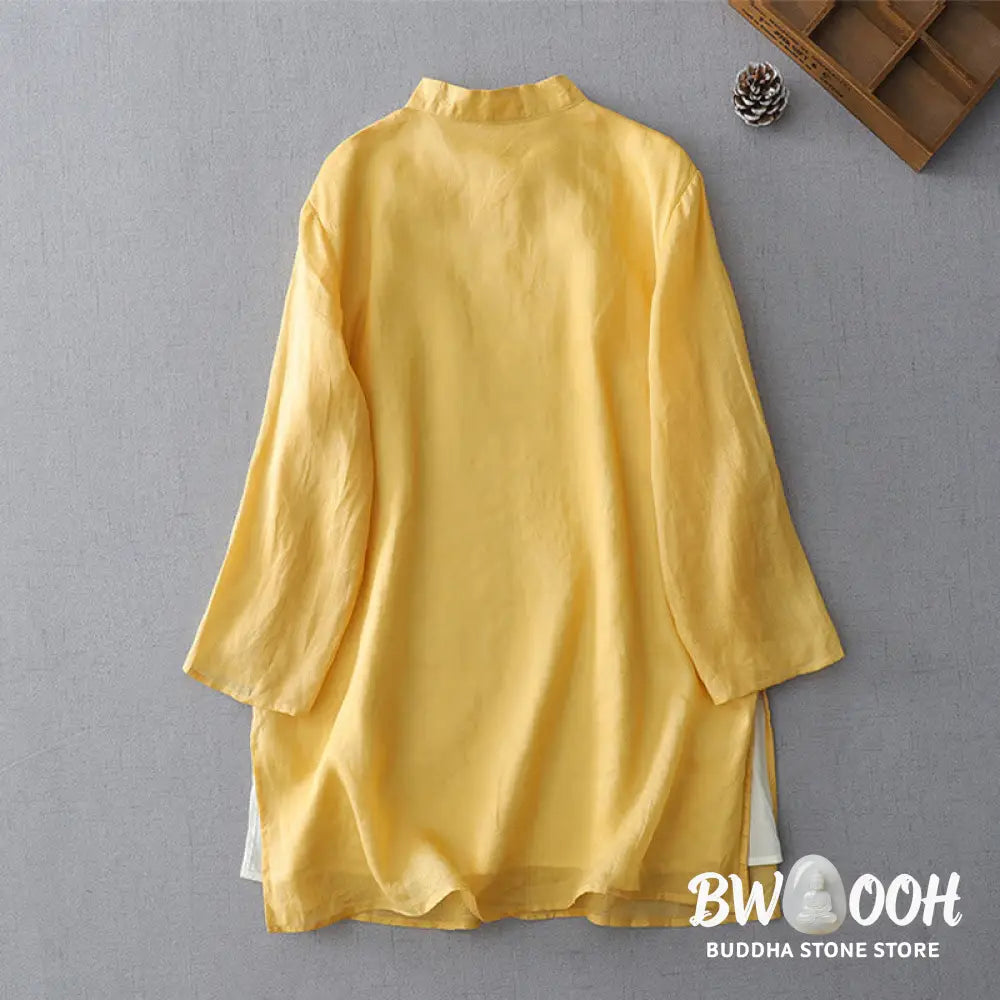 Buddha Stones Solid Color Frog-Button Three Quarter Sleeve Double Layer Cotton Linen Shirt - Women’s Shirts