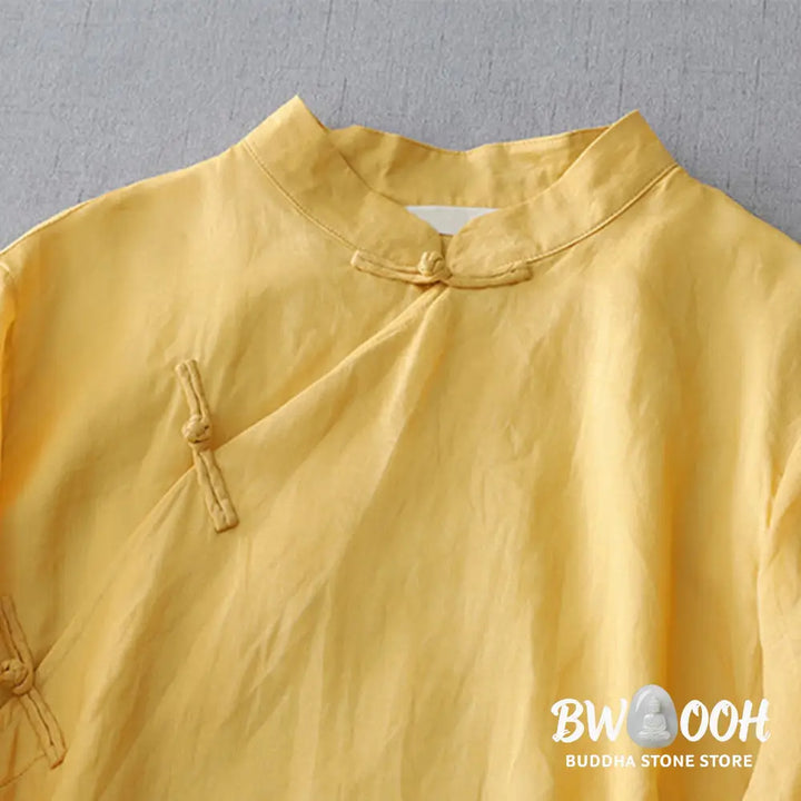 Buddha Stones Solid Color Frog-Button Three Quarter Sleeve Double Layer Cotton Linen Shirt - Women’s Shirts