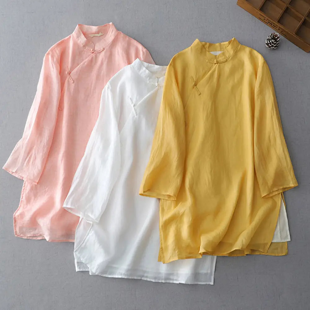BWOOOH Solid Color Frog-Button Three Quarter Sleeve Doubl
