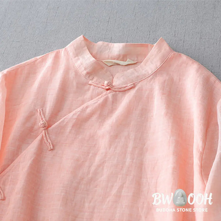 Buddha Stones Solid Color Frog-Button Three Quarter Sleeve Double Layer Cotton Linen Shirt - Women’s Shirts