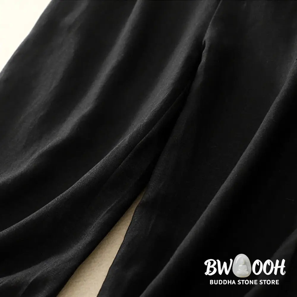 Buddha Stones Solid Color Front Button Back Elastic Cotton Linen Women’s Pants With Pockets - Women’s Pants