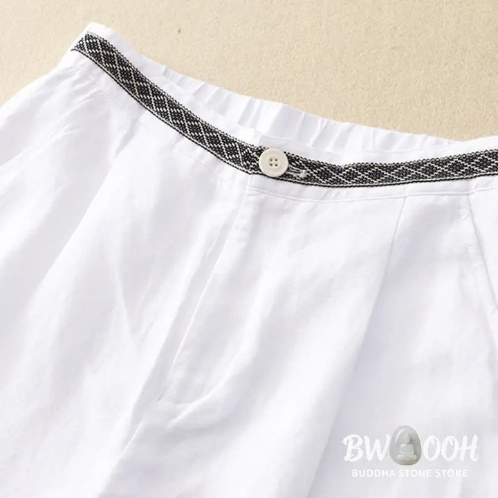 Buddha Stones Solid Color Front Button Back Elastic Cotton Linen Women’s Pants With Pockets - Women’s Pants