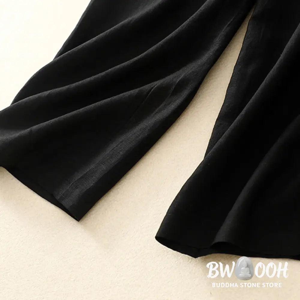 Buddha Stones Solid Color Front Button Back Elastic Cotton Linen Women’s Pants With Pockets - Women’s Pants
