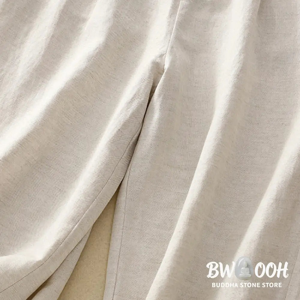 Buddha Stones Solid Color Front Button Back Elastic Cotton Linen Women’s Pants With Pockets - Women’s Pants