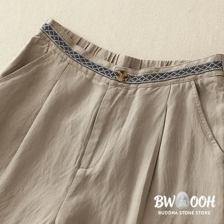 Buddha Stones Solid Color Front Button Back Elastic Cotton Linen Women’s Pants With Pockets - Women’s Pants