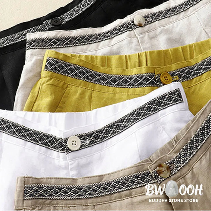 Buddha Stones Solid Color Front Button Back Elastic Cotton Linen Women’s Pants With Pockets - Women’s Pants