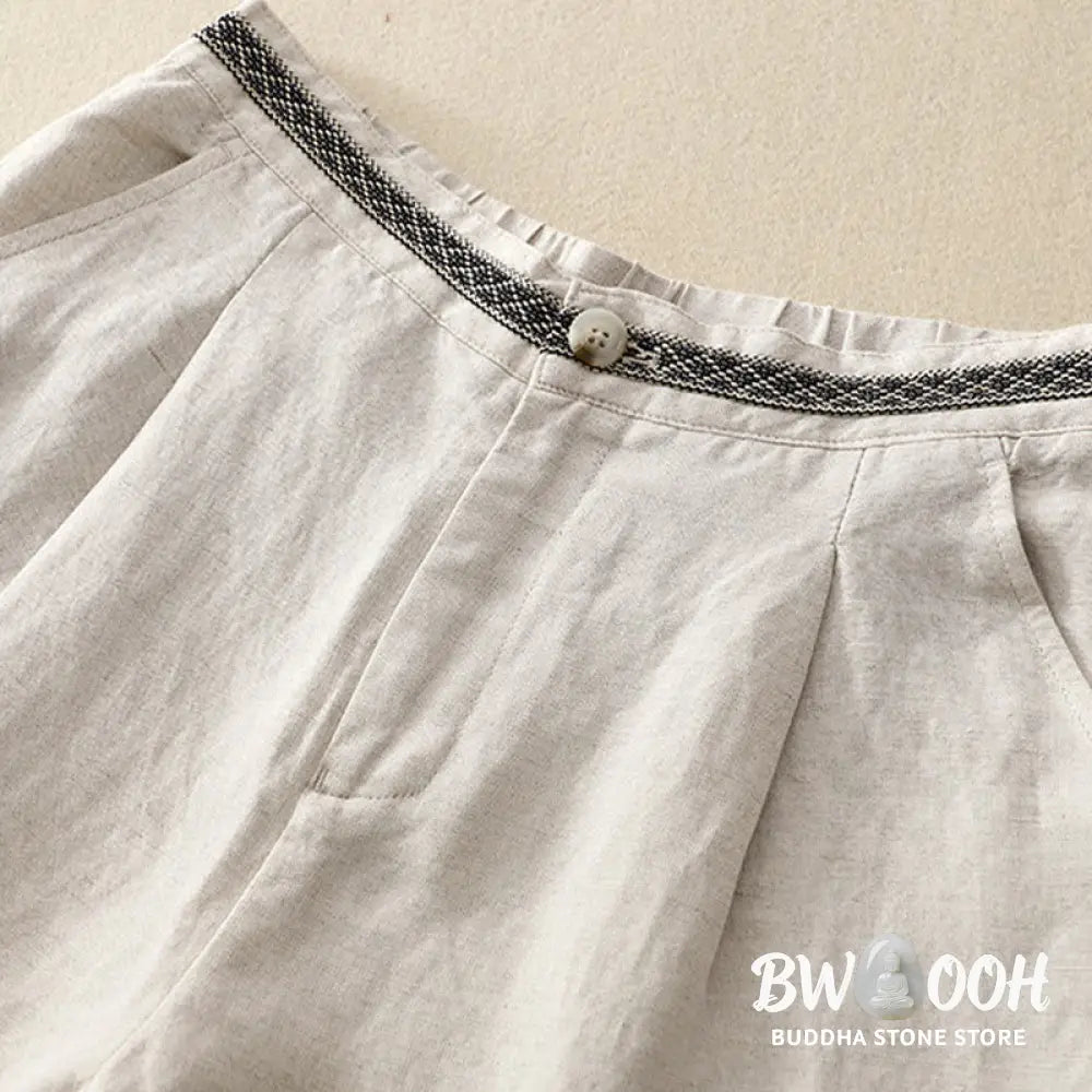 Buddha Stones Solid Color Front Button Back Elastic Cotton Linen Women’s Pants With Pockets - Women’s Pants