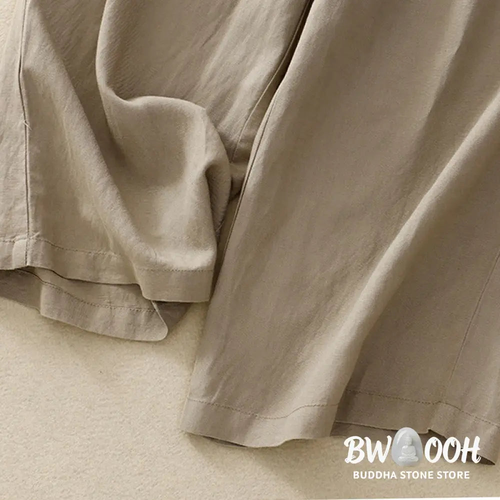 Buddha Stones Solid Color Front Button Back Elastic Cotton Linen Women’s Pants With Pockets - Women’s Pants