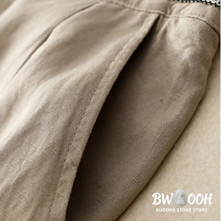 Buddha Stones Solid Color Front Button Back Elastic Cotton Linen Women’s Pants With Pockets - Women’s Pants