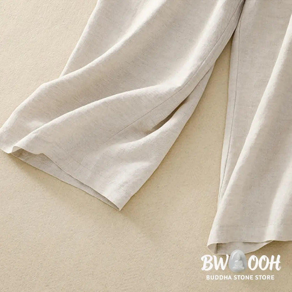 Buddha Stones Solid Color Front Button Back Elastic Cotton Linen Women’s Pants With Pockets - Women’s Pants