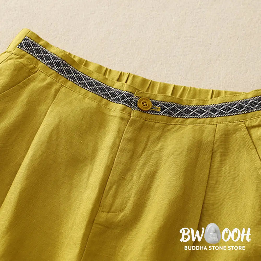 Buddha Stones Solid Color Front Button Back Elastic Cotton Linen Women’s Pants With Pockets - Women’s Pants