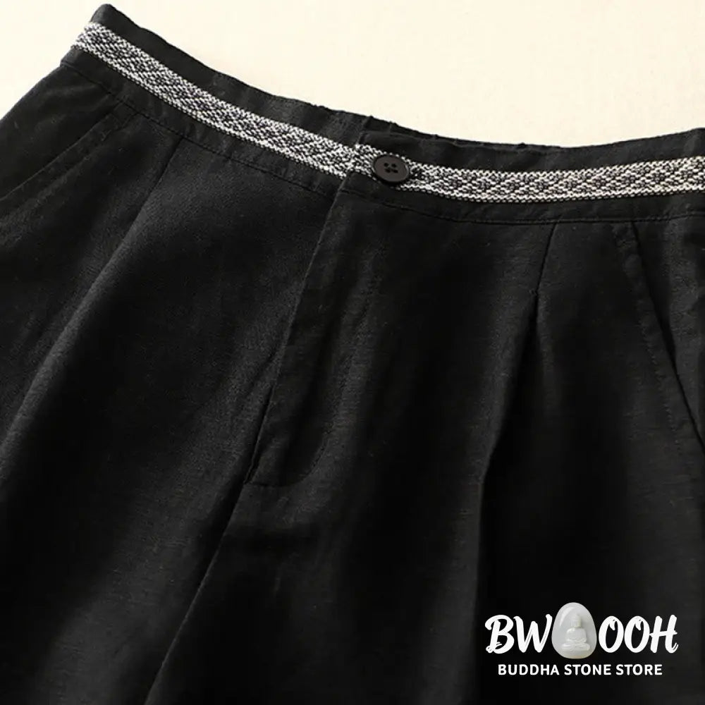 Buddha Stones Solid Color Front Button Back Elastic Cotton Linen Women’s Pants With Pockets - Women’s Pants