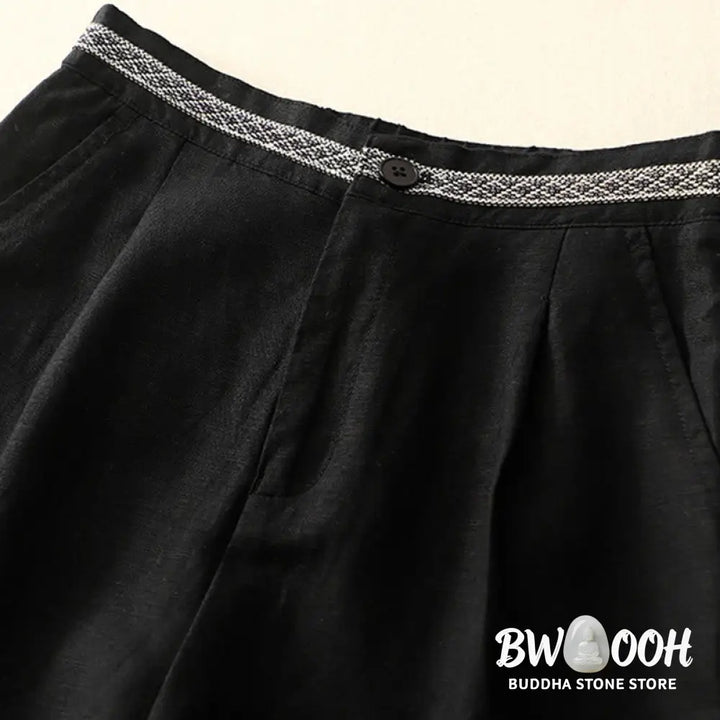 Buddha Stones Solid Color Front Button Back Elastic Cotton Linen Women’s Pants With Pockets - Women’s Pants