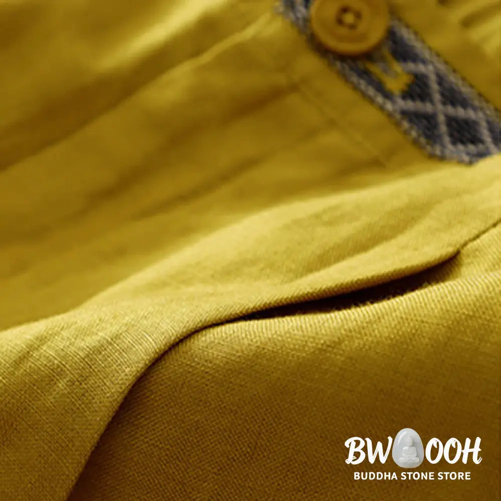 Buddha Stones Solid Color Front Button Back Elastic Cotton Linen Women’s Pants With Pockets - Women’s Pants