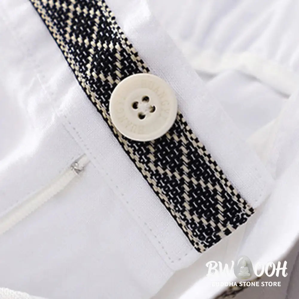 Buddha Stones Solid Color Front Button Back Elastic Cotton Linen Women’s Pants With Pockets - Women’s Pants