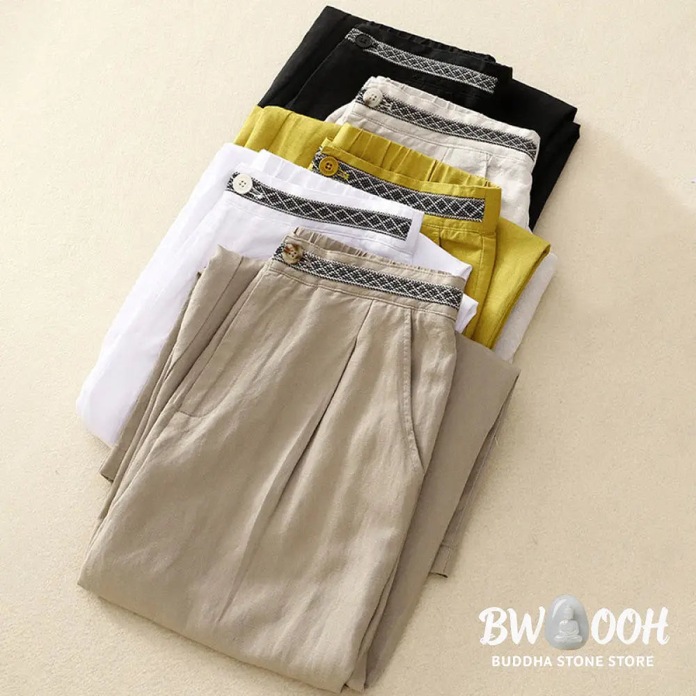 Buddha Stones Solid Color Front Button Back Elastic Cotton Linen Women’s Pants With Pockets - Women’s Pants