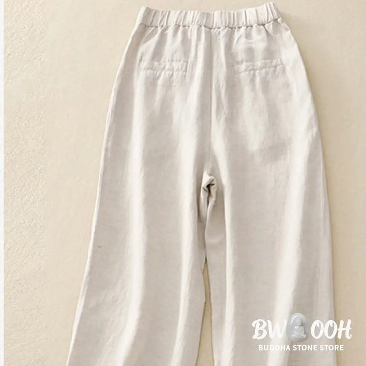 Buddha Stones Solid Color Front Button Back Elastic Cotton Linen Women’s Pants With Pockets - Women’s Pants