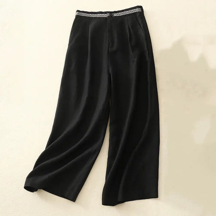 Buddha Stones Solid Color Front Button Back Elastic Cotton Linen Women’s Pants With Pockets - Black / US4，UK/AU8，EU36