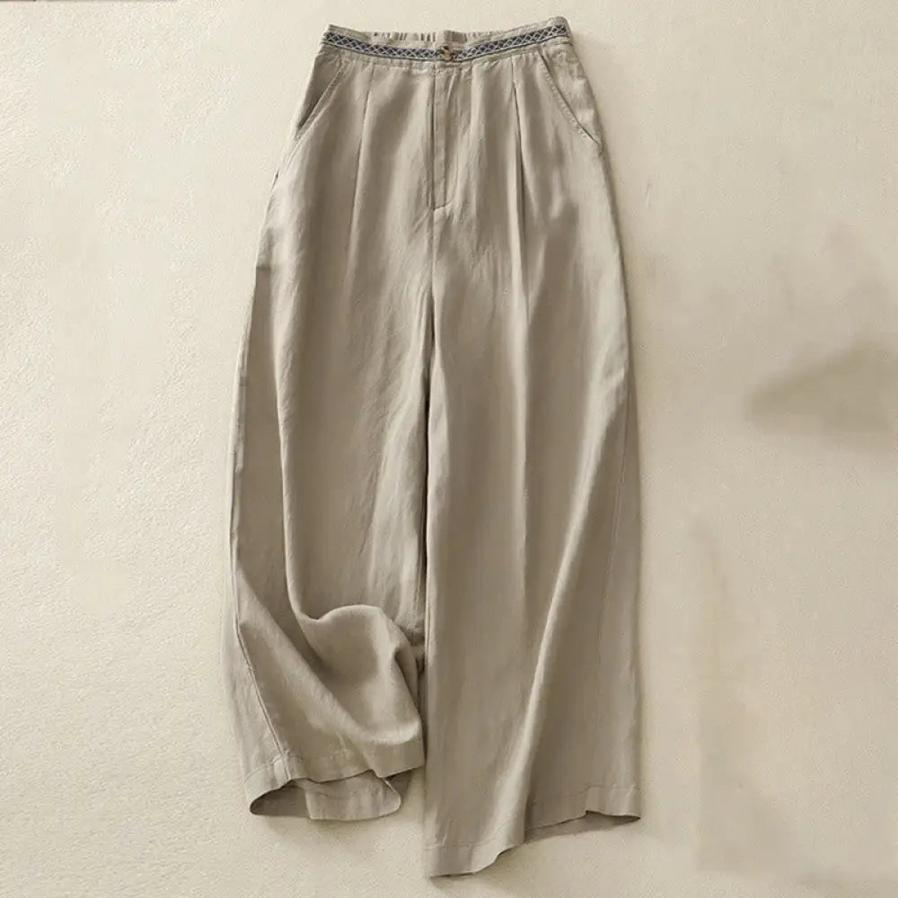 Buddha Stones Solid Color Front Button Back Elastic Cotton Linen Women’s Pants With Pockets - DarkKhaki