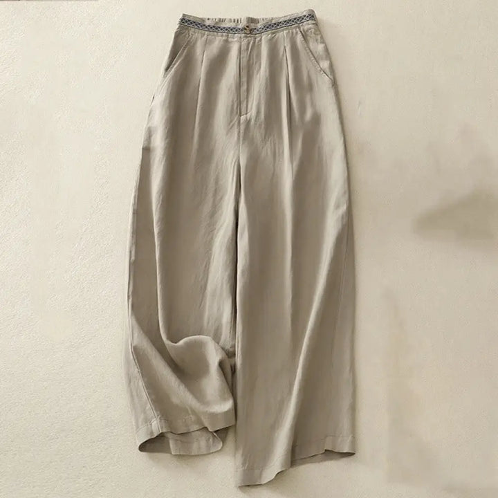 Buddha Stones Solid Color Front Button Back Elastic Cotton Linen Women’s Pants With Pockets - DarkKhaki