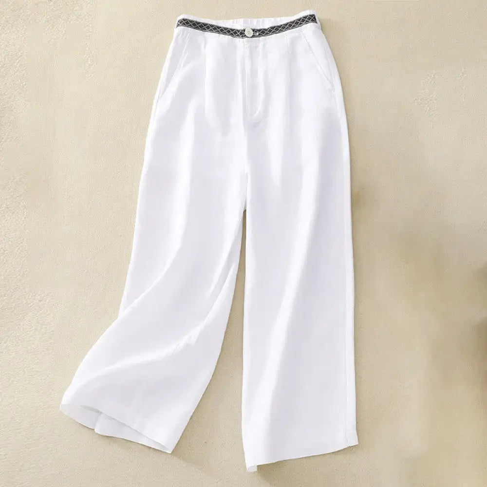 Buddha Stones Solid Color Front Button Back Elastic Cotton Linen Women’s Pants With Pockets - White / US4，UK/AU8，EU36