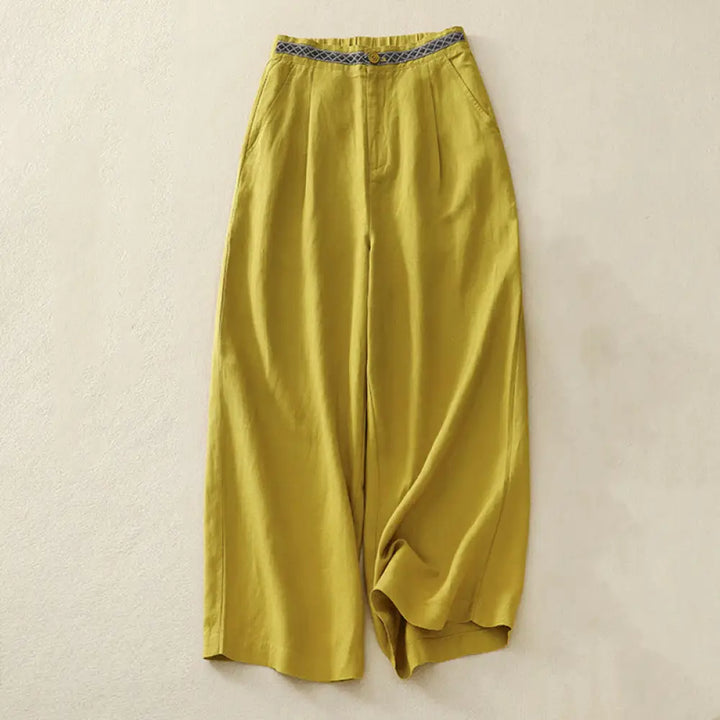 Buddha Stones Solid Color Front Button Back Elastic Cotton Linen Women’s Pants With Pockets - Yellow / US4，UK/AU8，EU36