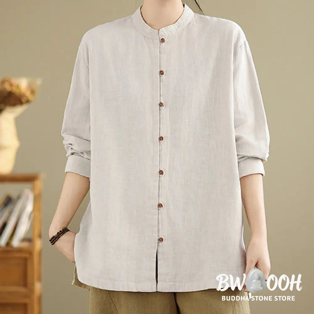 Buddha Stones Solid Color Front Buttons Design Long Sleeve Women’s Cotton Linen Shirt - Women’s Shirts