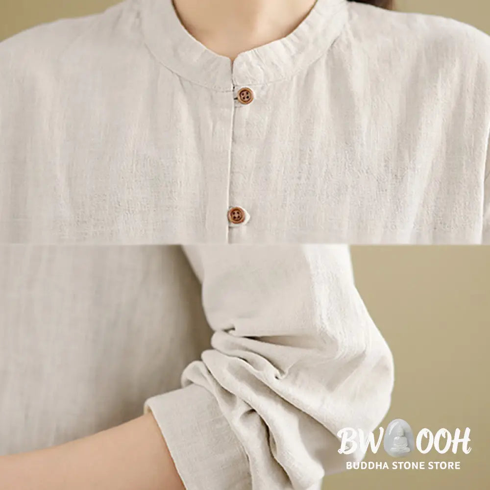 Buddha Stones Solid Color Front Buttons Design Long Sleeve Women’s Cotton Linen Shirt - Women’s Shirts