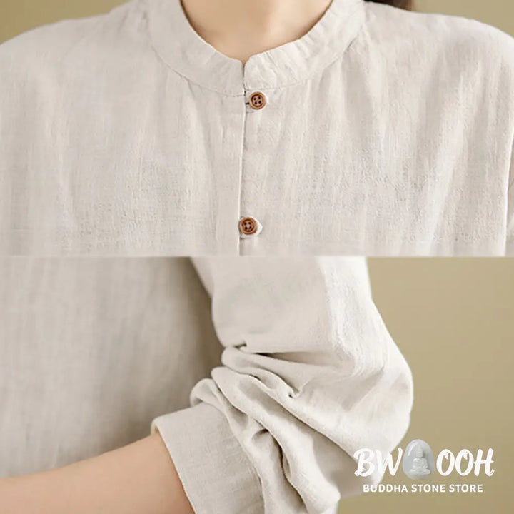 Buddha Stones Solid Color Front Buttons Design Long Sleeve Women’s Cotton Linen Shirt - Women’s Shirts