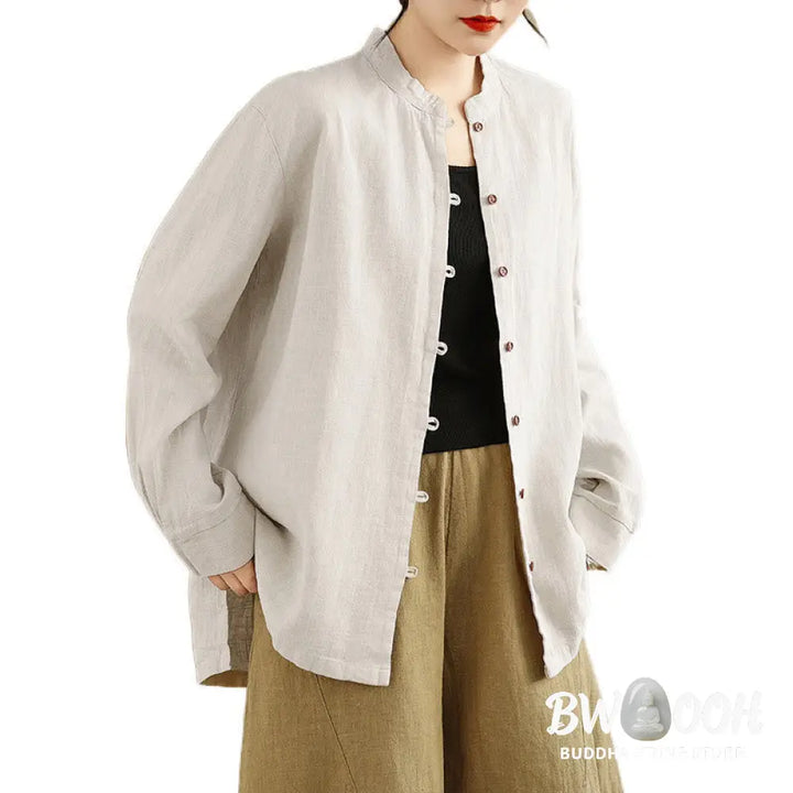 Buddha Stones Solid Color Front Buttons Design Long Sleeve Women’s Cotton Linen Shirt - Women’s Shirts