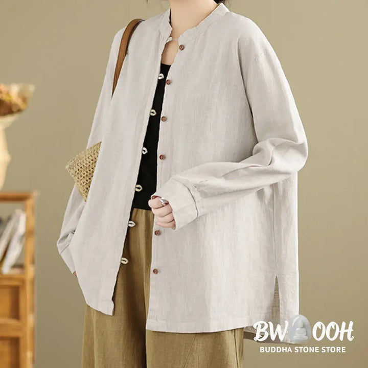 Buddha Stones Solid Color Front Buttons Design Long Sleeve Women’s Cotton Linen Shirt - Women’s Shirts