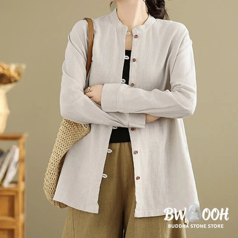 Buddha Stones Solid Color Front Buttons Design Long Sleeve Women’s Cotton Linen Shirt - Women’s Shirts