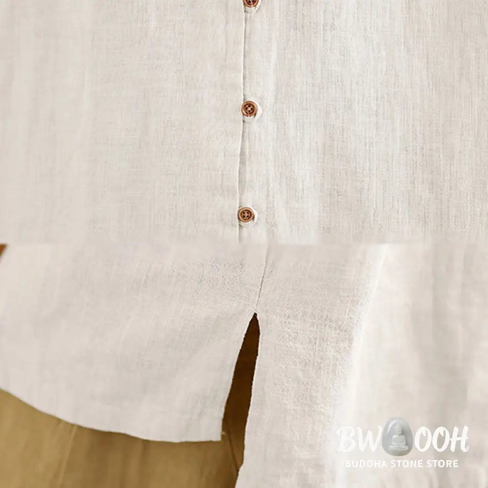 Buddha Stones Solid Color Front Buttons Design Long Sleeve Women’s Cotton Linen Shirt - Women’s Shirts