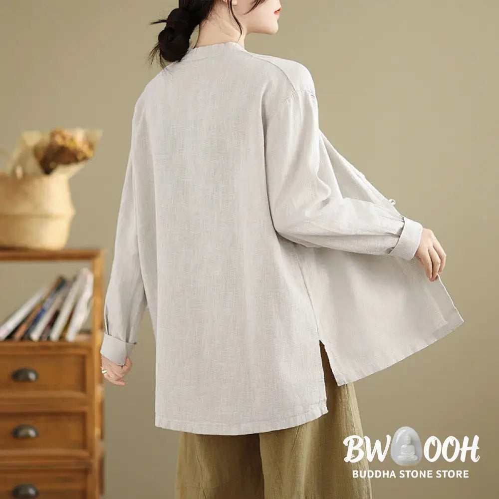 Buddha Stones Solid Color Front Buttons Design Long Sleeve Women’s Cotton Linen Shirt - Women’s Shirts