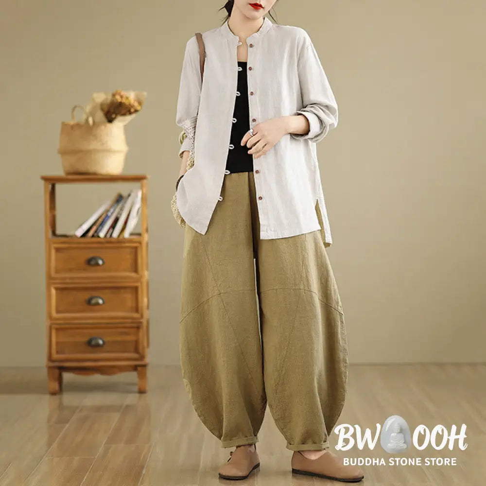 Buddha Stones Solid Color Front Buttons Design Long Sleeve Women’s Cotton Linen Shirt - Women’s Shirts