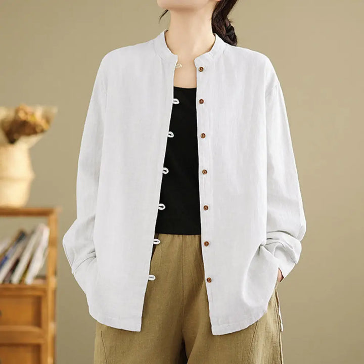 Buddha Stones Solid Color Front Buttons Design Long Sleeve Women’s Cotton Linen Shirt - White / US6，UK/AU10，EU38 (M)