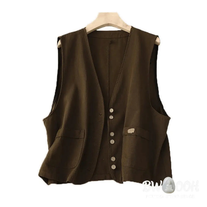 Buddha Stones Solid Color Front Buttons Sleeveless Women’s Cotton Waistcoat With Pockets - Women’s Waistcoat