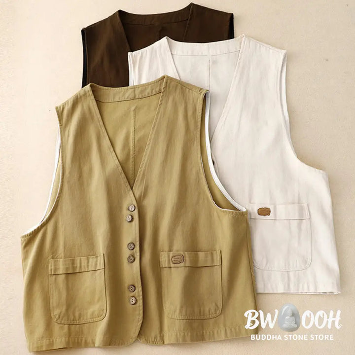 Buddha Stones Solid Color Front Buttons Sleeveless Women’s Cotton Waistcoat With Pockets - Women’s Waistcoat
