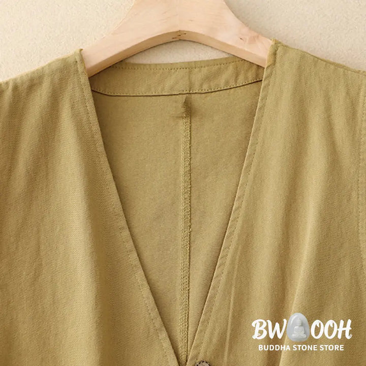 Buddha Stones Solid Color Front Buttons Sleeveless Women’s Cotton Waistcoat With Pockets - Women’s Waistcoat