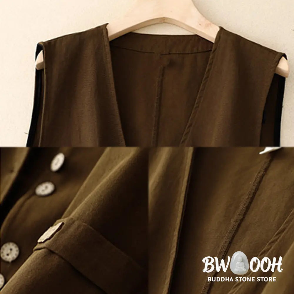 Buddha Stones Solid Color Front Buttons Sleeveless Women’s Cotton Waistcoat With Pockets - Women’s Waistcoat
