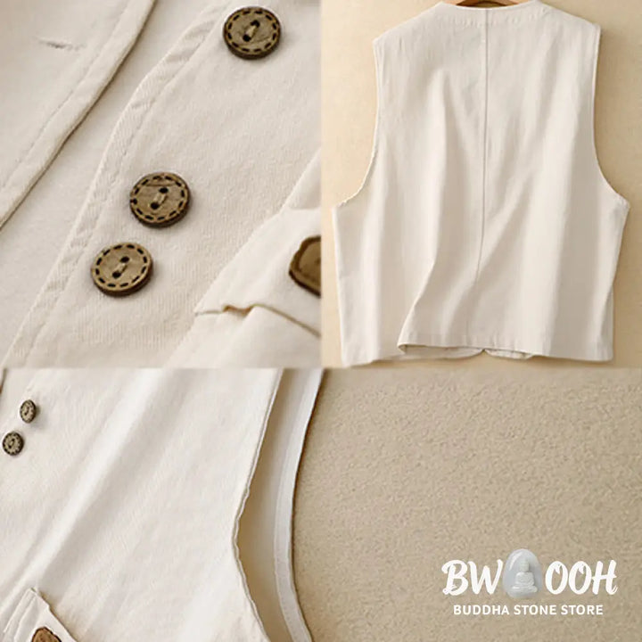 Buddha Stones Solid Color Front Buttons Sleeveless Women’s Cotton Waistcoat With Pockets - Women’s Waistcoat