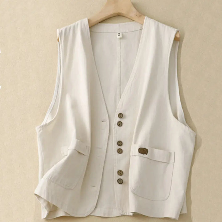 Buddha Stones Solid Color Front Buttons Sleeveless Women’s Cotton Waistcoat With Pockets - Beige / US4，UK/AU8，EU36 (L)