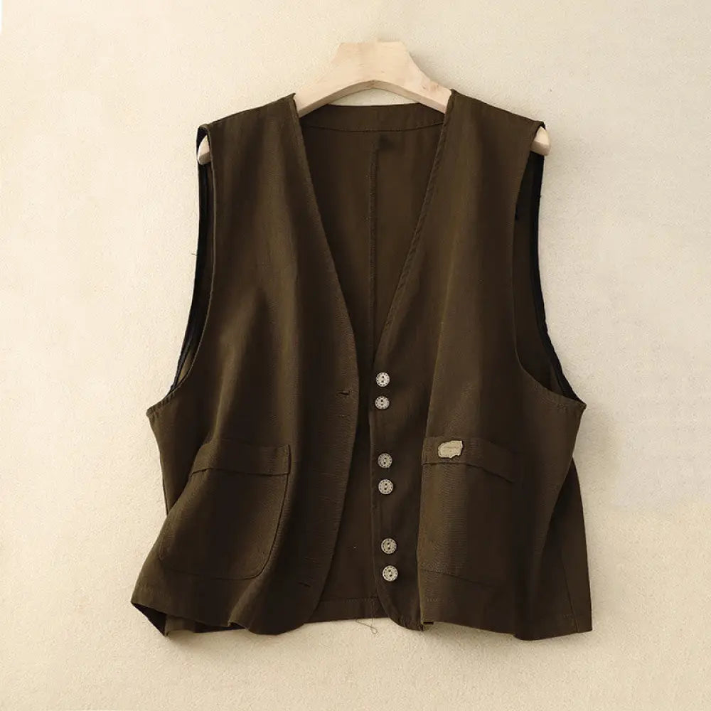 Buddha Stones Solid Color Front Buttons Sleeveless Women’s Cotton Waistcoat With Pockets - SaddleBrown