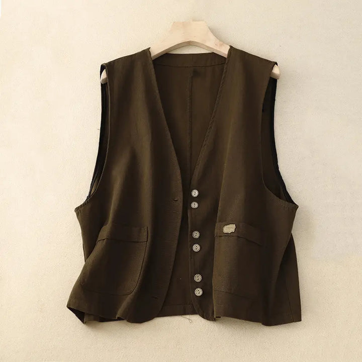Buddha Stones Solid Color Front Buttons Sleeveless Women’s Cotton Waistcoat With Pockets - SaddleBrown