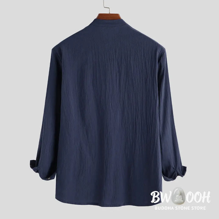 Buddha Stones Solid Color Half Buttons Long Sleeve Cotton Linen Men’s Shirts - Men’s Shirts