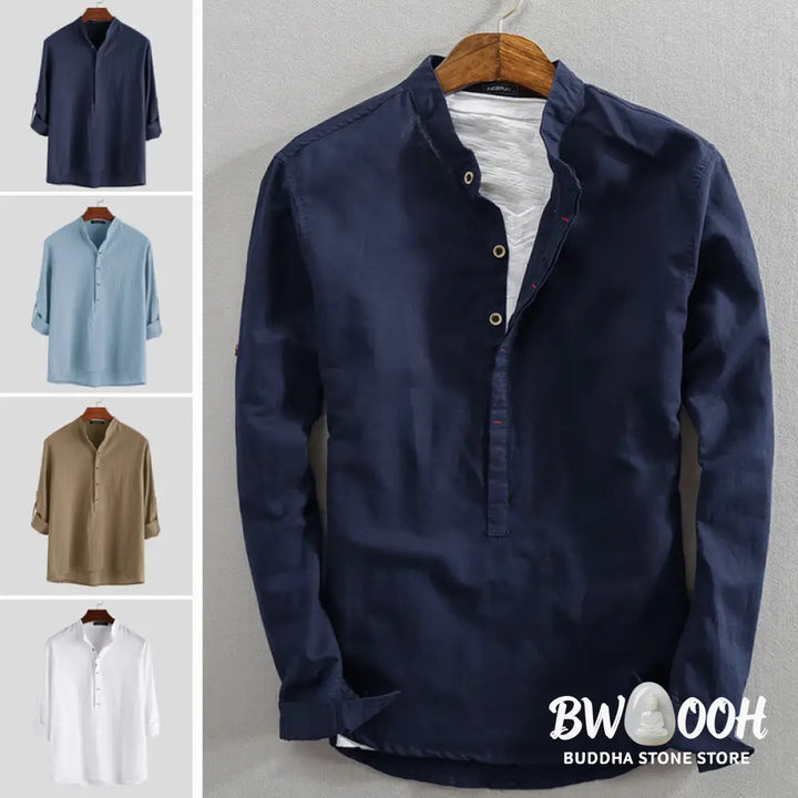 Buddha Stones Solid Color Half Buttons Long Sleeve Cotton Linen Men’s Shirts - Men’s Shirts