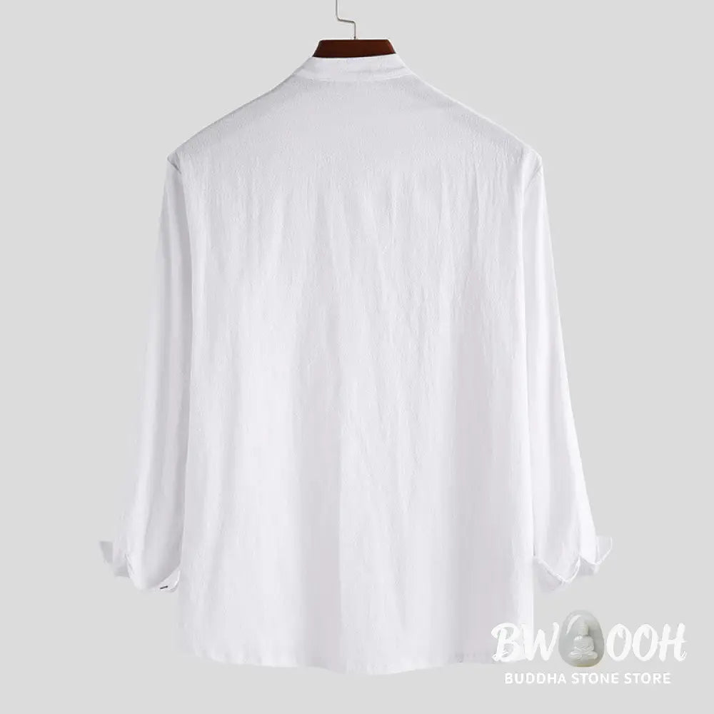 Buddha Stones Solid Color Half Buttons Long Sleeve Cotton Linen Men’s Shirts - Men’s Shirts