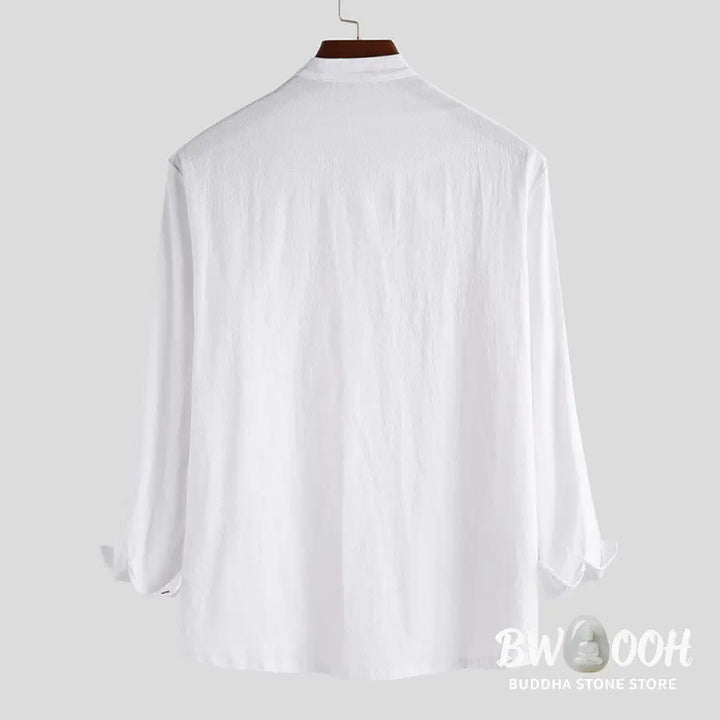 Buddha Stones Solid Color Half Buttons Long Sleeve Cotton Linen Men’s Shirts - Men’s Shirts